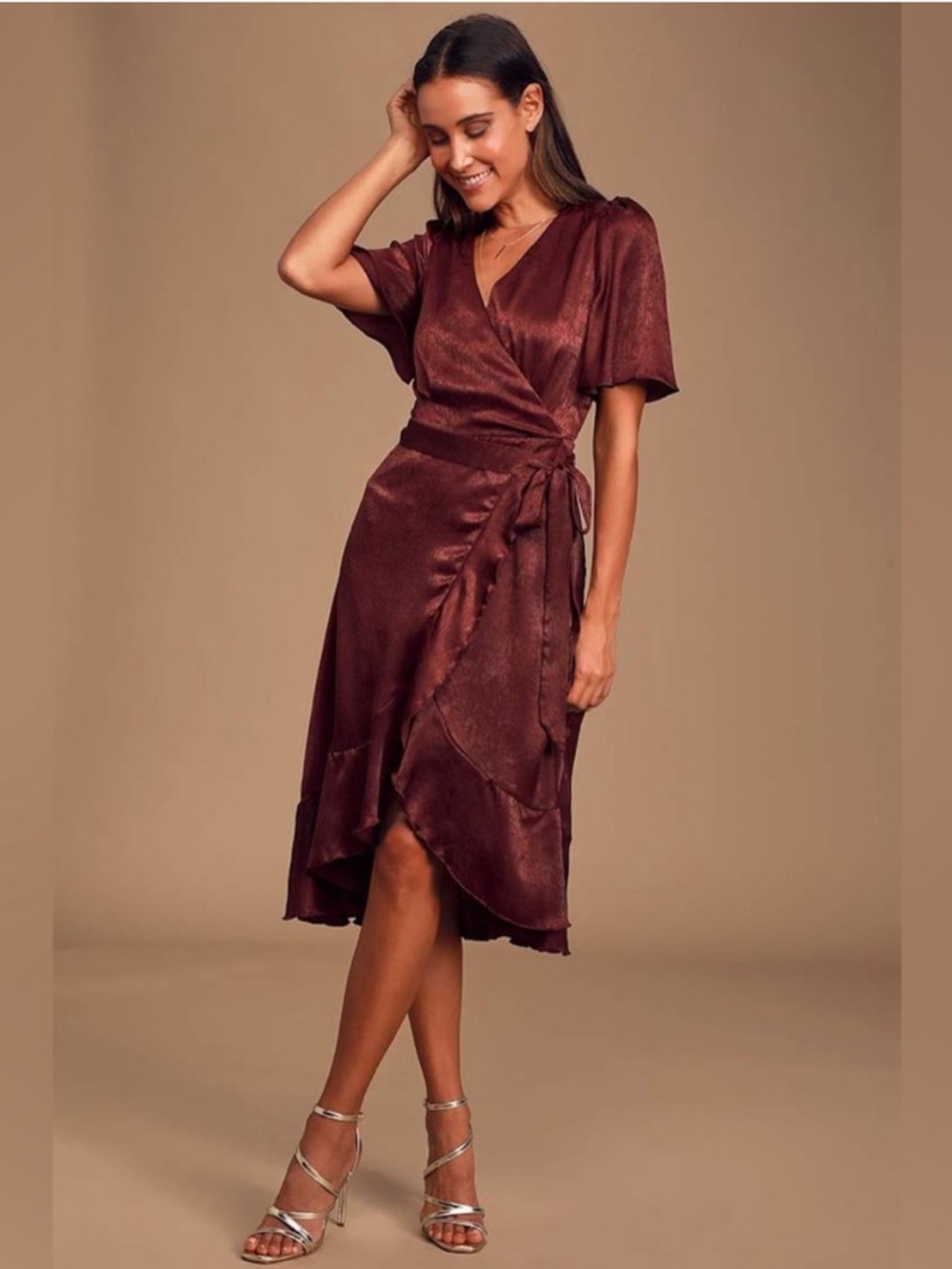 Lulu's Wine Wrap High-Low Ruffle Midi Dress